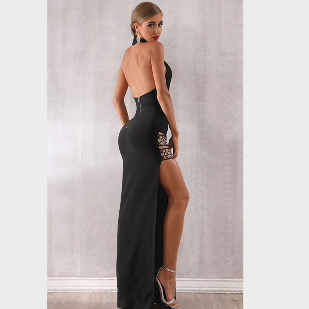 LONG BLACK BANDAGE DRESS LEG SLIT BACKLESS MAXI - Picture 2 of 13